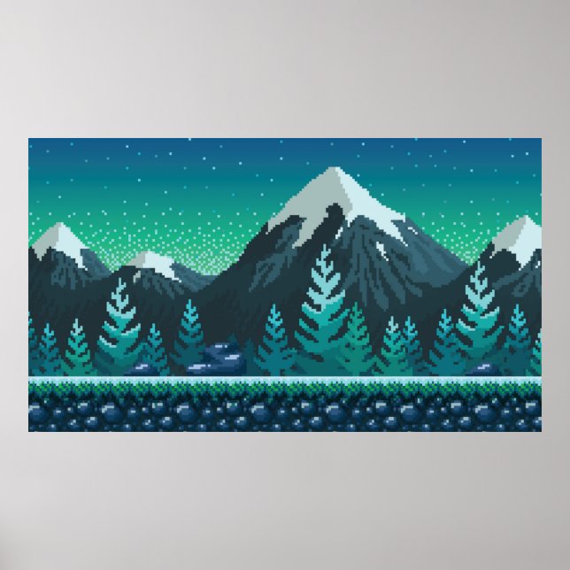 Pixel Art nahtloser Hintergrund. Ort mit Schnee Poster (Vorne)