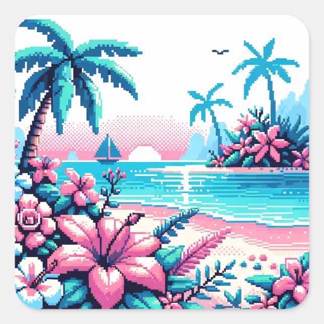 Pixel Art Ocean Pink und Blue Tropical Art Quadratischer Aufkleber (Vorderseite)