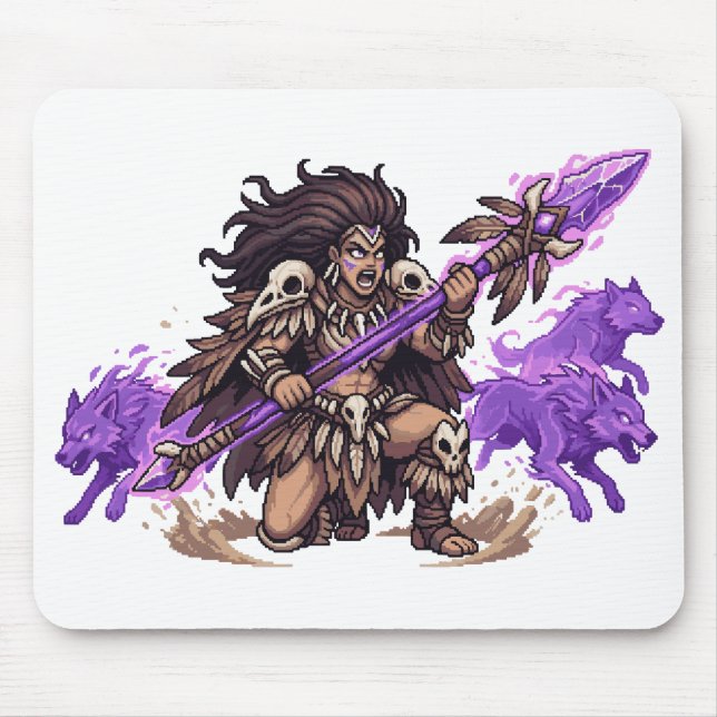 Pixel-Art-Schamane-Krieger mit Geistwölfen Fantasi Mousepad (Vorne)