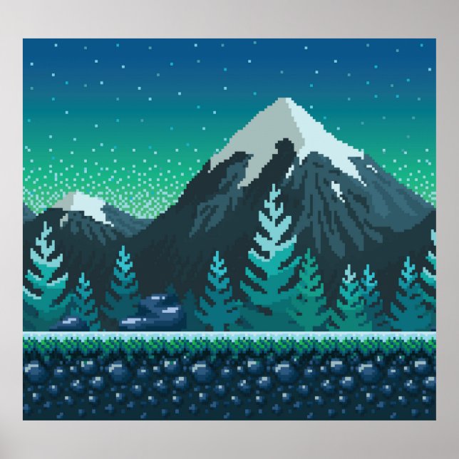 Pixel Art: Schneeberge Nacht. Poster (Vorne)