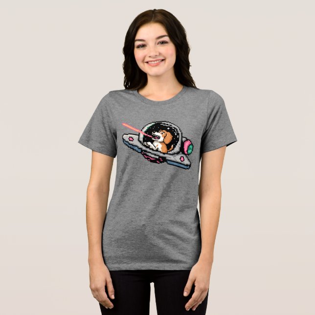 Pixel Art Space Hund - Laser Blaster Pilot Tri-Blend Shirt (Vorderseite voll)