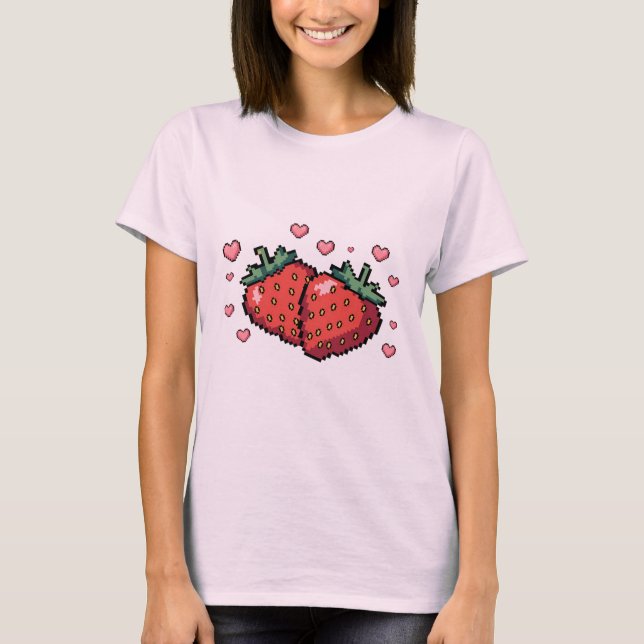 Pixel Art Strawberries with Hearts - Niedlich Retr T-Shirt (Vorderseite)