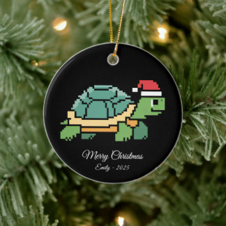 Pixel Art Turtle Tortoise Santa Hat Keramik Ornament