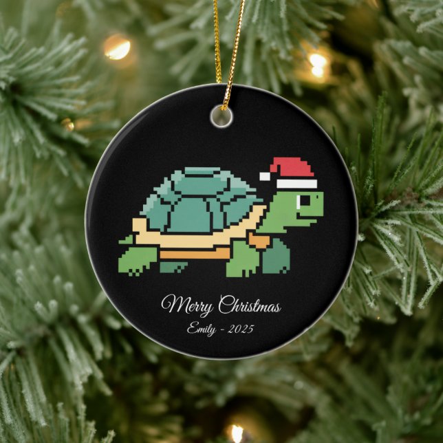Pixel Art Turtle Tortoise Santa Hat Keramik Ornament (Baum)