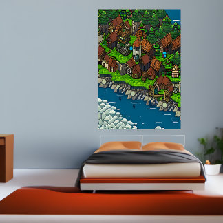 Pixel art, Viking town forest river | Art der AI Poster