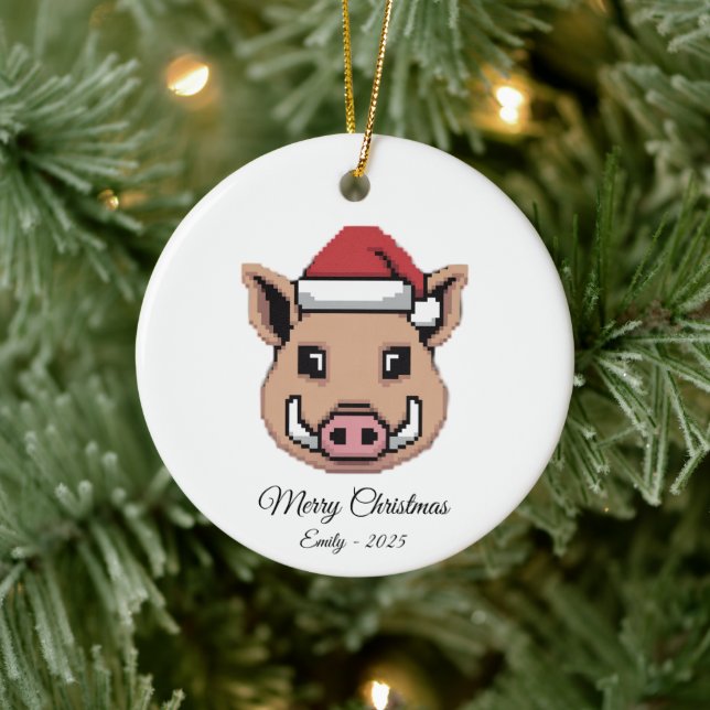 Pixel Art Wild Boar Warthog Santa Hat Gift Keramik Ornament (Baum)