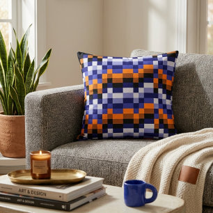 Pixel-Art-Wurfkissen – Blau, Orange und Erde Kissen