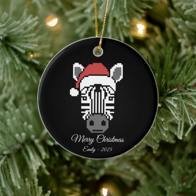 Pixel Art Zebra Santa Hat Black Background Gift Keramik Ornament (Baum)