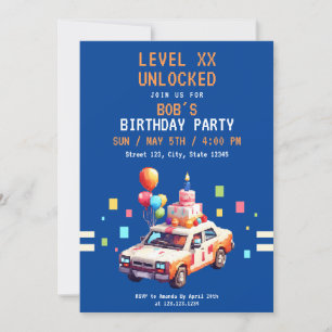 Pixel Blue & Orange Car Gaming Geburtstag Einladung