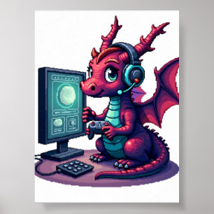 Pixel-Drache-Gamer-Aufkleber Retro-Gaming-Nostalgi Poster