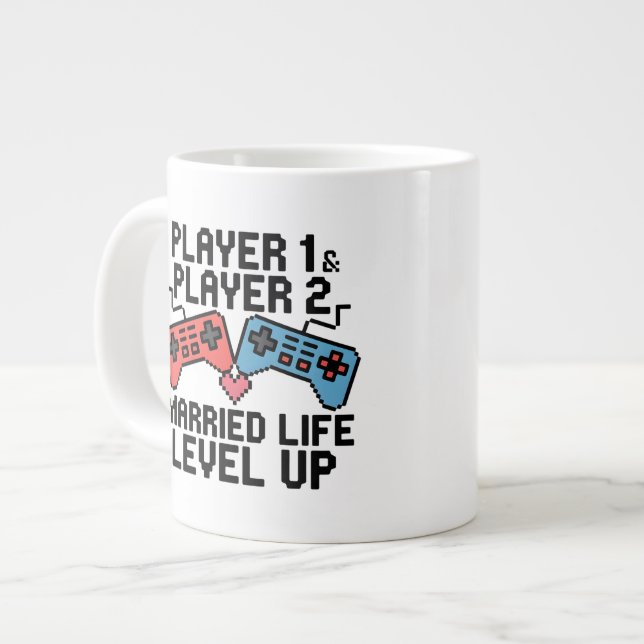 Pixel-Gaming-Paar Level Up Design Jumbo-Tasse (Vorderseite Links)