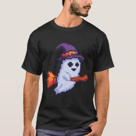 Pixel-Geist auf Besen – Halloween Retro Design T-Shirt