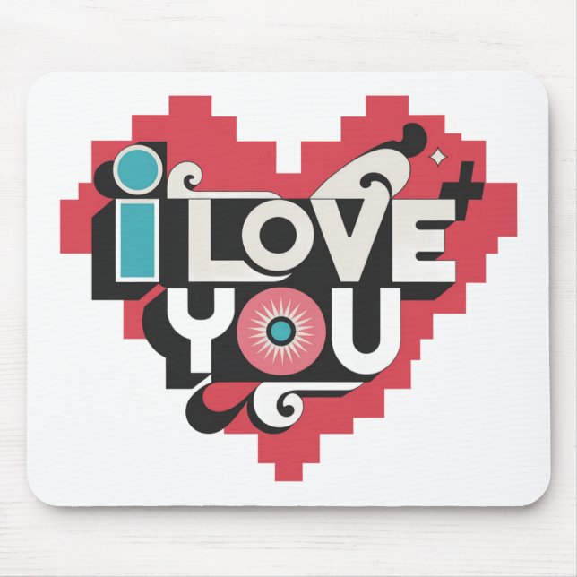 Pixel-Herz Ich liebe dich Retro-Typografie Mousepad (Vorne)