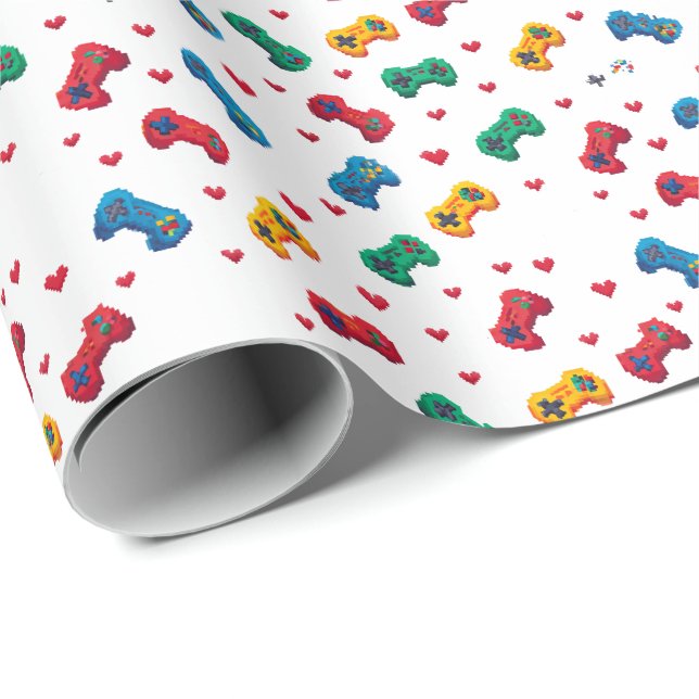 Pixel-Herzen und -Controller-Geschenkpapier - Game Geschenkpapier (Rolleneckpunkt)