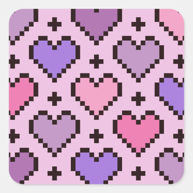 Pixel-Herzmuster rosa und lila Quadratischer Aufkleber (Vorderseite)