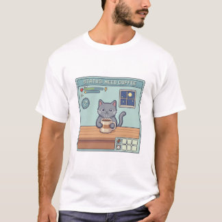 Pixel-Katze braucht Kaffee – Retro-RPG-Spielstatus T-Shirt