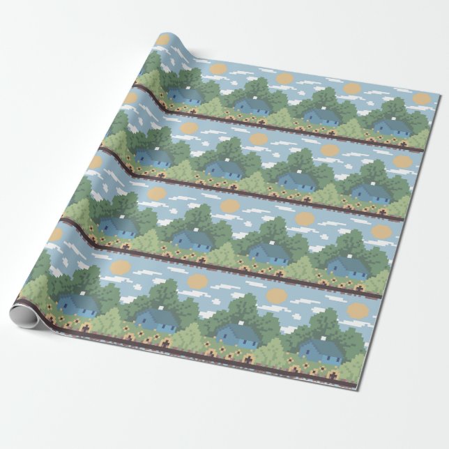 Pixel-Landhaus-Landschaftsmuster Geschenkpapier (Ungerollt)