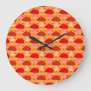 Pixel-Mushroom-Muster - orangefarbener Hintergrund Große Wanduhr