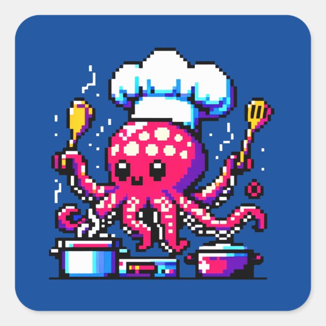 Pixel Octopus Koch Funny Cooking & Seafood Design Quadratischer Aufkleber (Vorderseite)