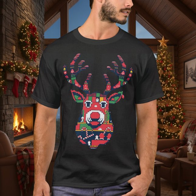 Pixel Reindeer Ugly Sweater Christmas T-shirt (Von Creator hochgeladen)