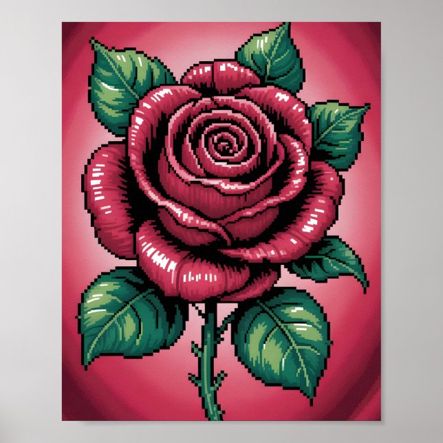 Pixel-Rose – Retro-Blumenkunst Poster (Vorne)