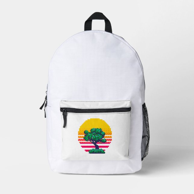 Pixel-Sonnenuntergangsbaum-Abenteuer Bedruckter Rucksack (Vorderseite)