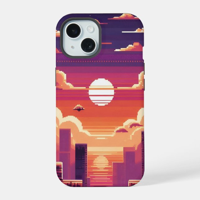 Pixel Sunset City iPhone 15 Hülle (Rückseite)