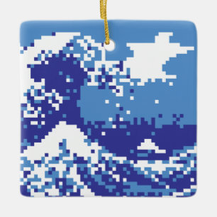 Pixel Tsunami Blau 8 Bit Pixel Art Keramikornament