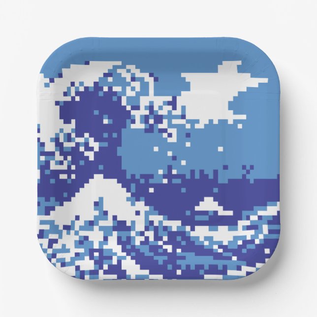 Pixel Tsunami Blau 8 Bit Pixel Art Pappteller (Vorderseite)