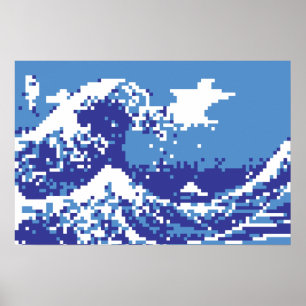 Pixel Tsunami Blau 8 Bit Pixel Art Poster