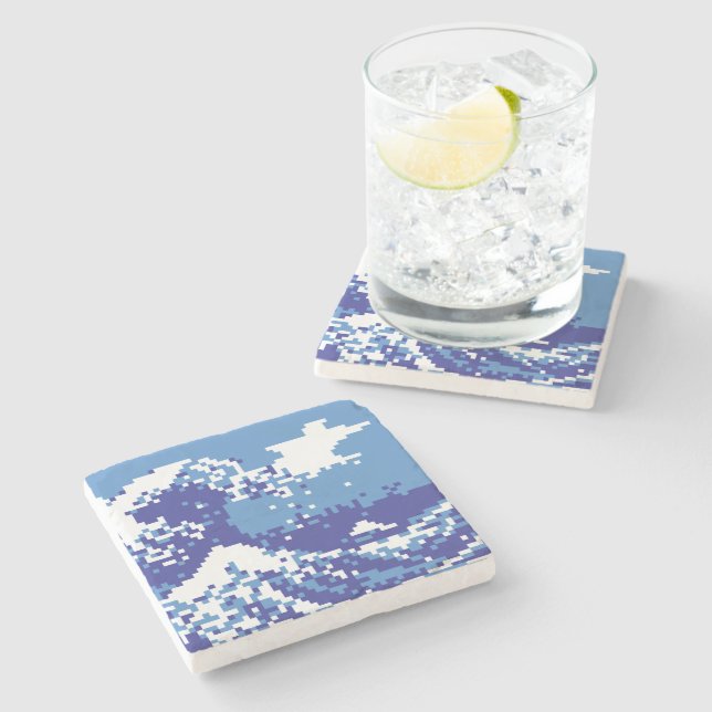 Pixel Tsunami Blau 8 Bit Pixel Art Steinuntersetzer (Seitenansicht)
