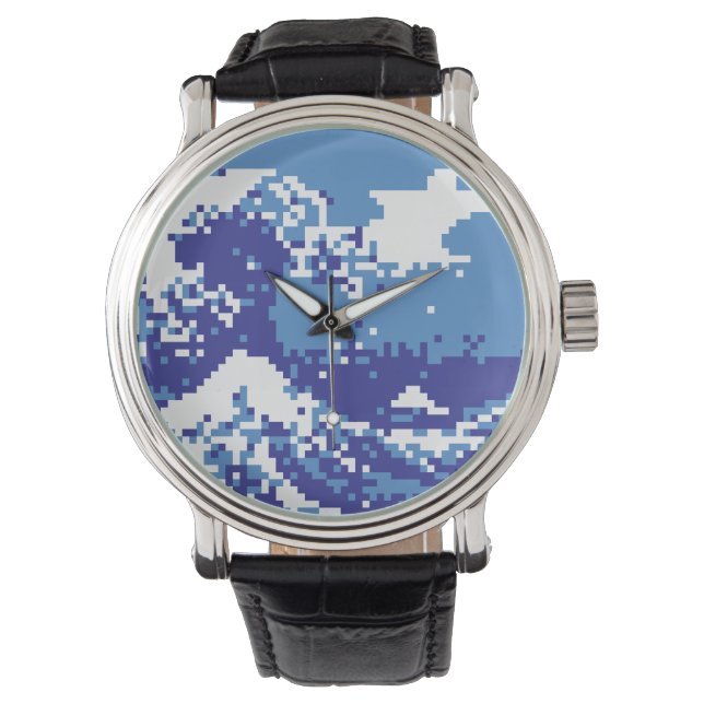 Pixel Tsunami Blue 8 Bit Pixel Art Armbanduhr (Vorderseite)