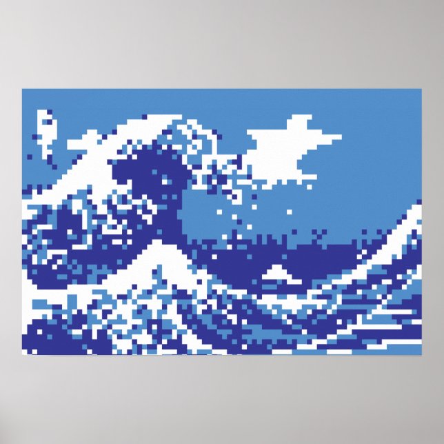 Pixel Tsunami Blue 8 Bit Pixel Art Poster (Vorne)