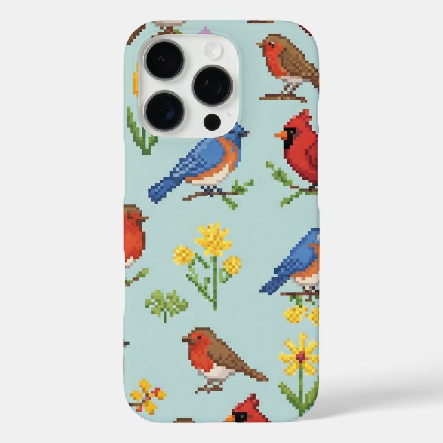 Pixel-Vögel und Blume iPhone 16 Pro Hülle (Rückseite)