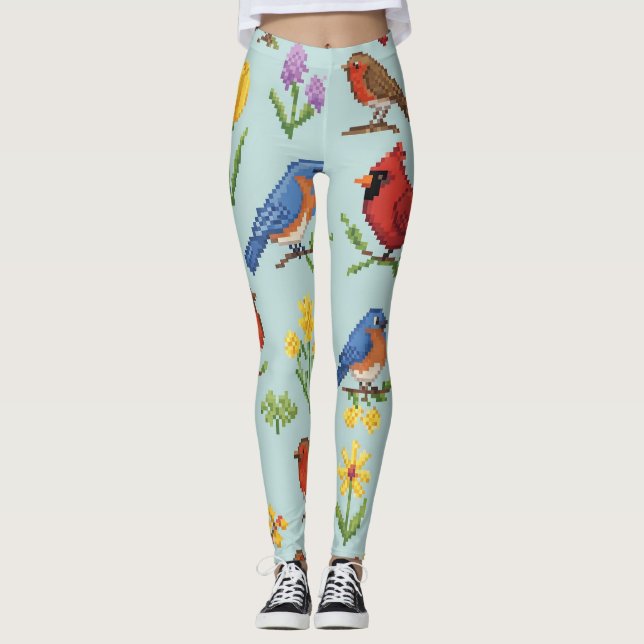 Pixel-Vögel und Blume Leggings (Vorderseite)