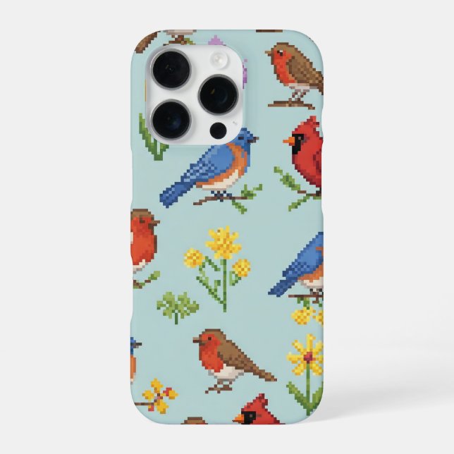 Pixel Vögel und Blumen iPhone 16 Pro Hülle (Rückseite)