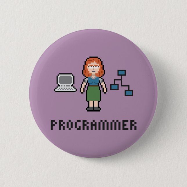 Pixel-weiblicher Programmierer-runder Knopf Button (Vorderseite)