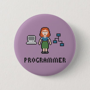 Pixel-weiblicher Programmierer-runder Knopf Button