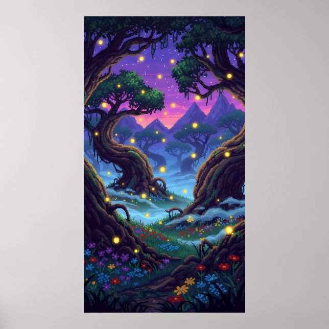 Pixel-Zauberwald mit blinkenden Glühwürmchen Poster (Vorne)