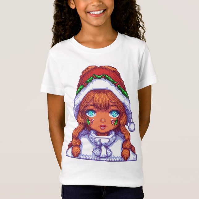 Pixelart-Mädchen mit Weihnachtsmannmütze T-Shirt (Vorderseite)
