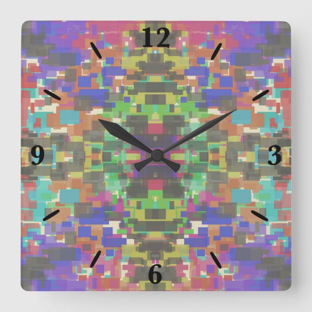 Pixelated Patterned Beyond Colors Of The Rainbow Quadratische Wanduhr (Vorderseite)