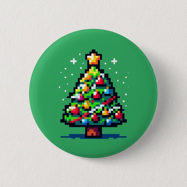Pixelfestlichkeit: 8-Bit-Weihnachtsbaum-Design Button (Vorderseite)