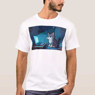 Pixelkatze Doomscrolling auf Laptop – Späte Nacht  T-Shirt