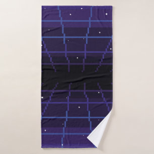 Pixelkunst des 80er Retro-Sci-Fi-Hintergrundes. Pi Badehandtuch