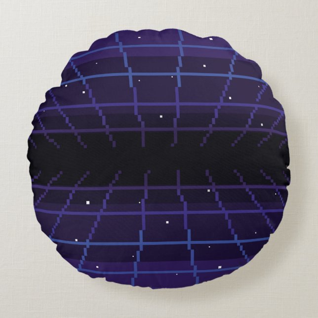 Pixelkunst des 80er Retro-Sci-Fi-Hintergrundes. Pi Rundes Kissen (Vorderseite)