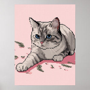 Pixelkunst einer grauen Ragdoll-Katze mit blauen A Poster