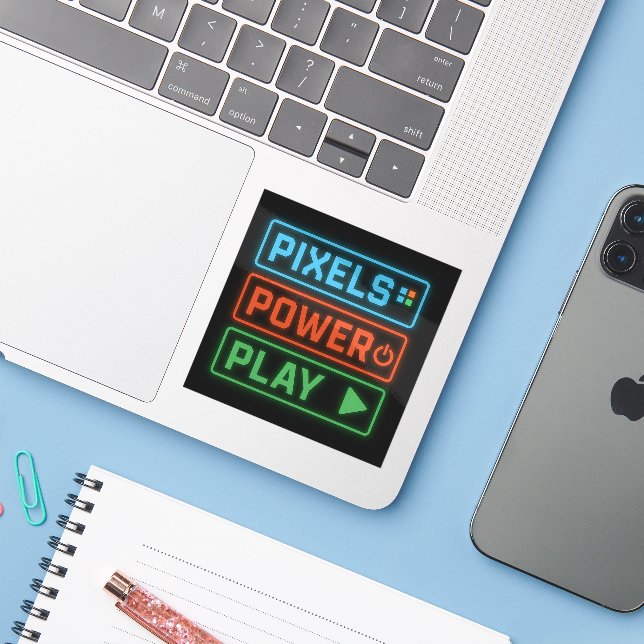 Pixels Power Play – Custom-Cut Vinyl Gamer Sticker (Laptop mit iPhone)