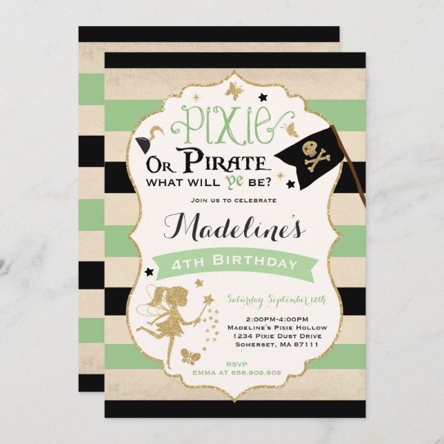 Pixie Et Pirate Invitation Anniversaire Fée Pirate (Devant / Derrière)