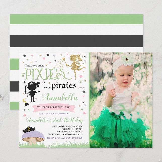 Pixie Et Pirate Invitation D'Anniversaire Pirate F (Devant / Derrière)