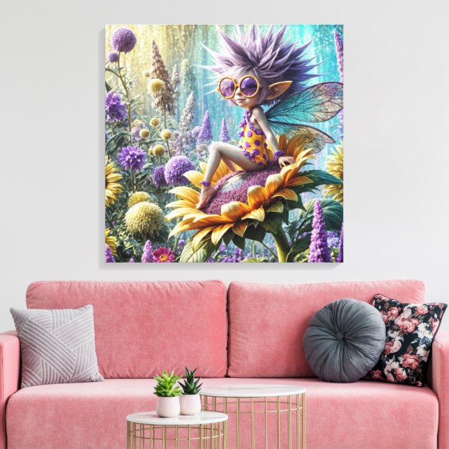 Pixie Fairy auf einer Sonnenblume Leinwanddruck (Insitu (Wohnzimmer))